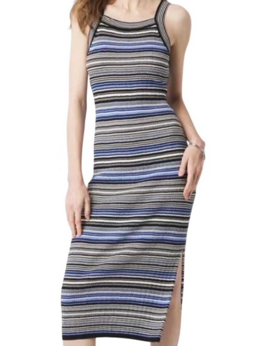 White House Black Market Striped Midi Dress Black Blue Women Size S Stretch Knit